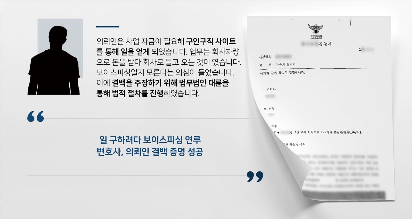 [보이스피싱피의자 불송치] 보이스피싱 연루 의심 형사변호사 활약으로 불송치 결론