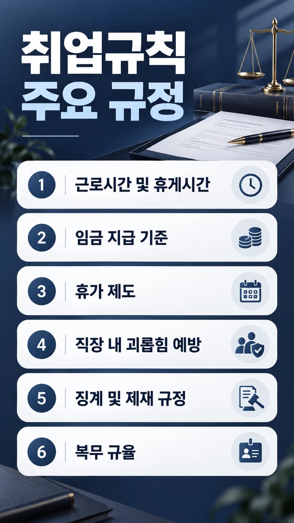 취업규칙에는 다음과 같은 주요 규정이 포함됩니다.