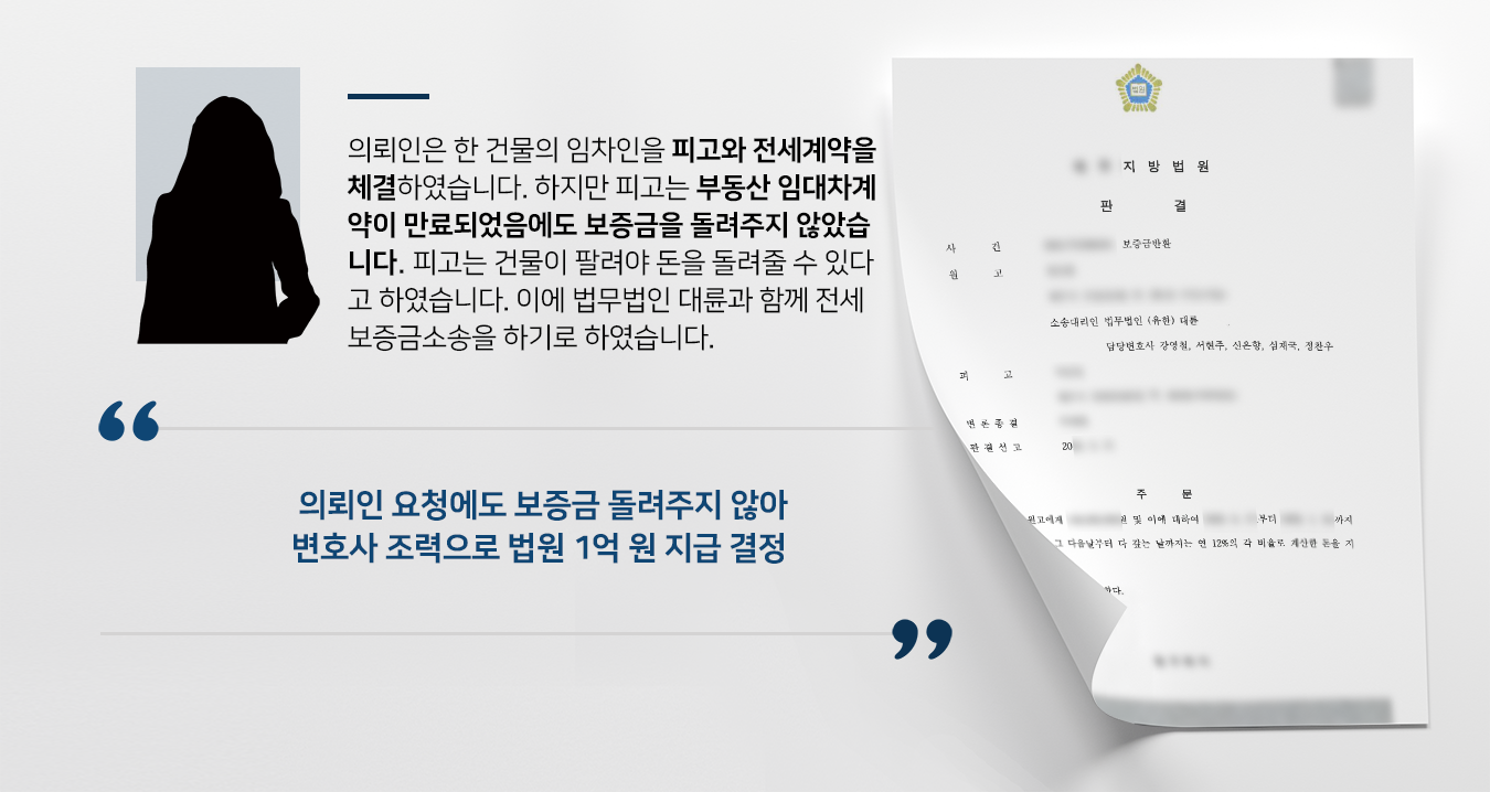 [전세보증금소송 승소] 부동산변호사 활약으로 억 대 전세보증금 받기 성공